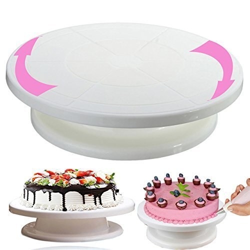 A plastic white cake turntable with two images of frosted cakes below
