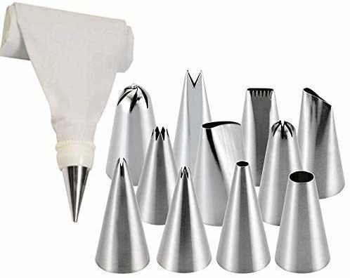 12 stainless steel frosting nozzles in different shapes with a plastic piping bag