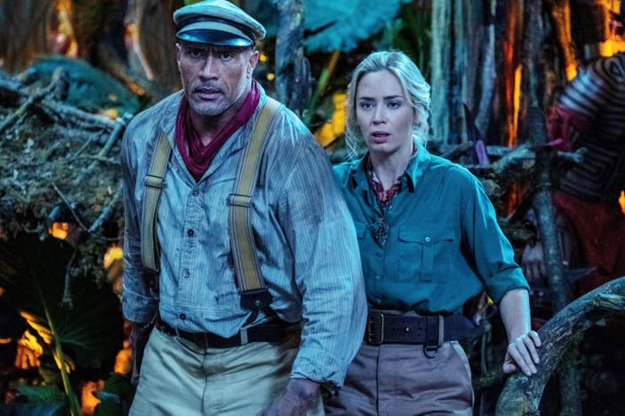 Dwayne and Emily side by side in a scene from Jungle Cruise