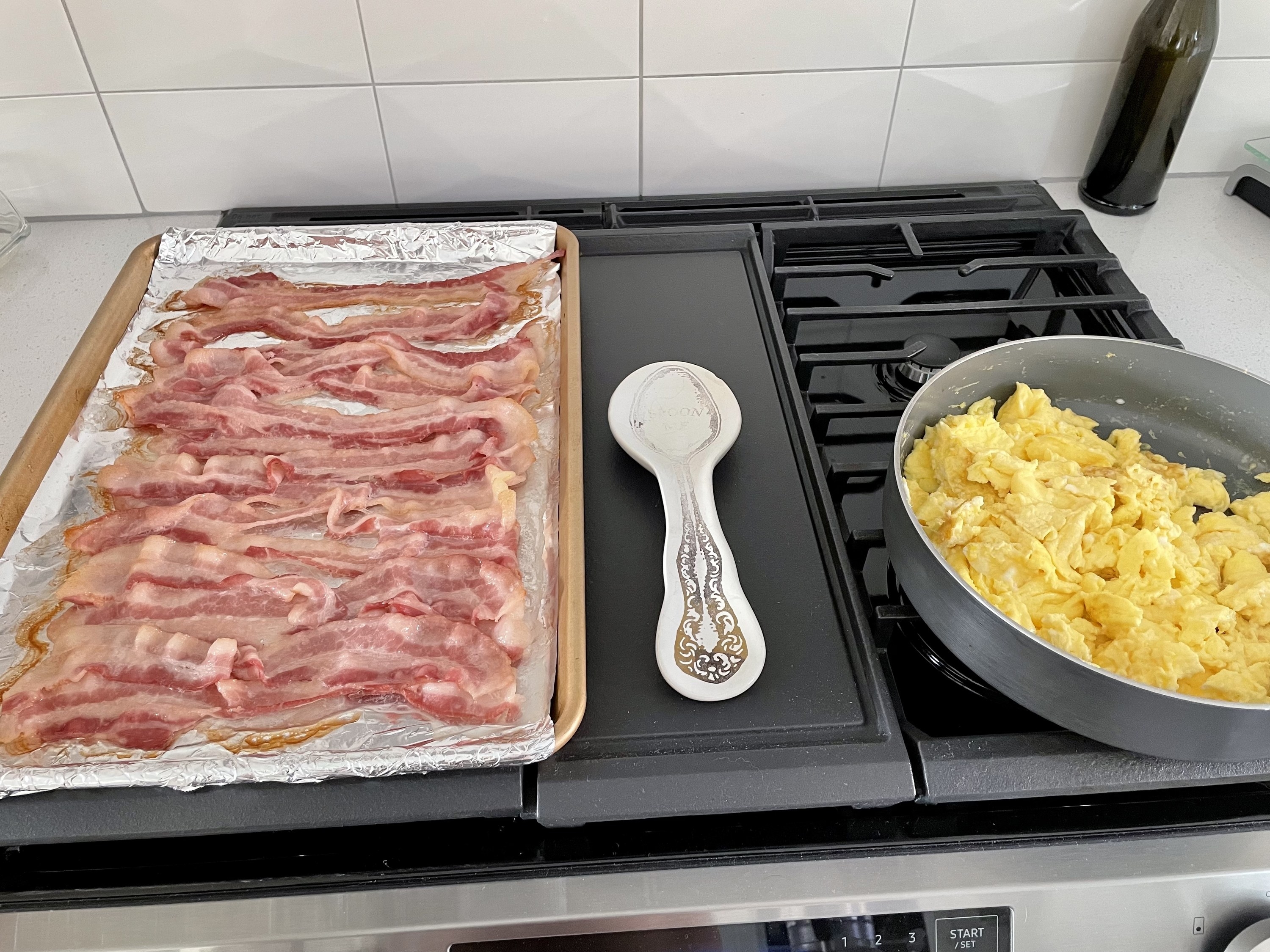 Bacon and eggs prepped for breakfast pockets