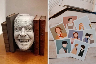 the shining bookend on the left and little women polaroid bookmarks on the right