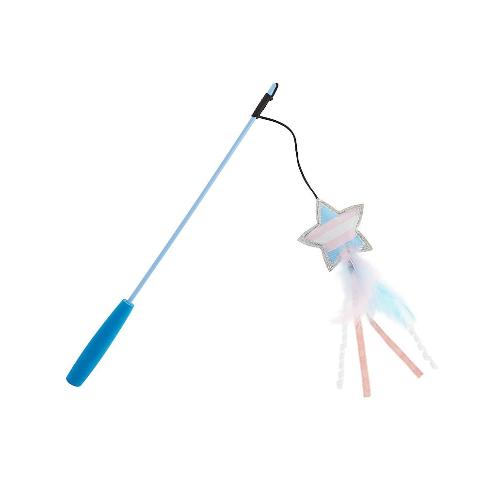 The teaser toy with a blue handle and a blue and pink plush trans star on the end