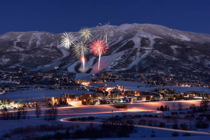 Ski town with fireworks at night