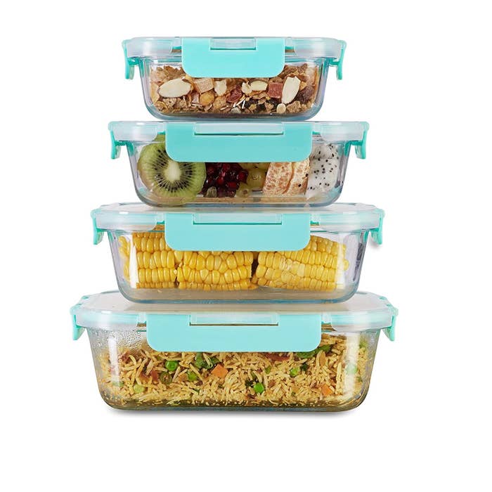 4 microwave containers with nuts, fruits, corn and rice