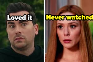 David from "Schitt's Creek" is on the left labeled, "Loved it" with Wanda on the right labeled, "Never watched it"