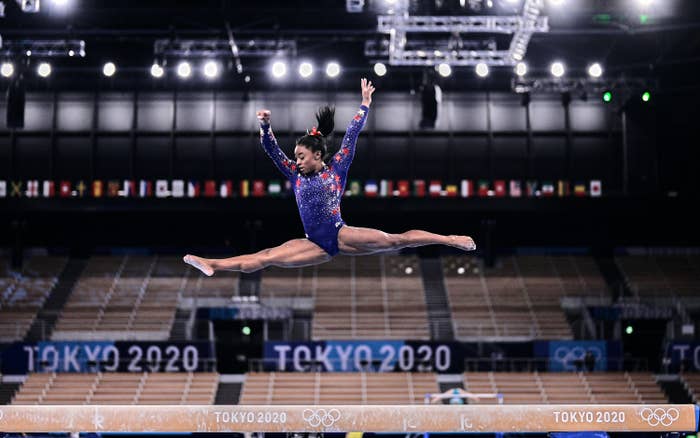 Simone Biles is photographed during the women&#x27;s gymnastics qualifying rounds at the 2020 Tokyo Olympic Games