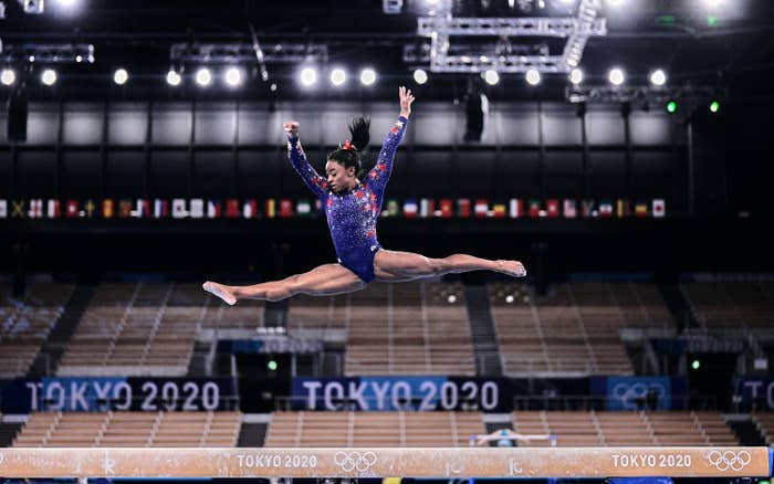 Simone Biles is photographed during the women's gymnastics qualifying rounds at the 2020 Tokyo Olympic Games