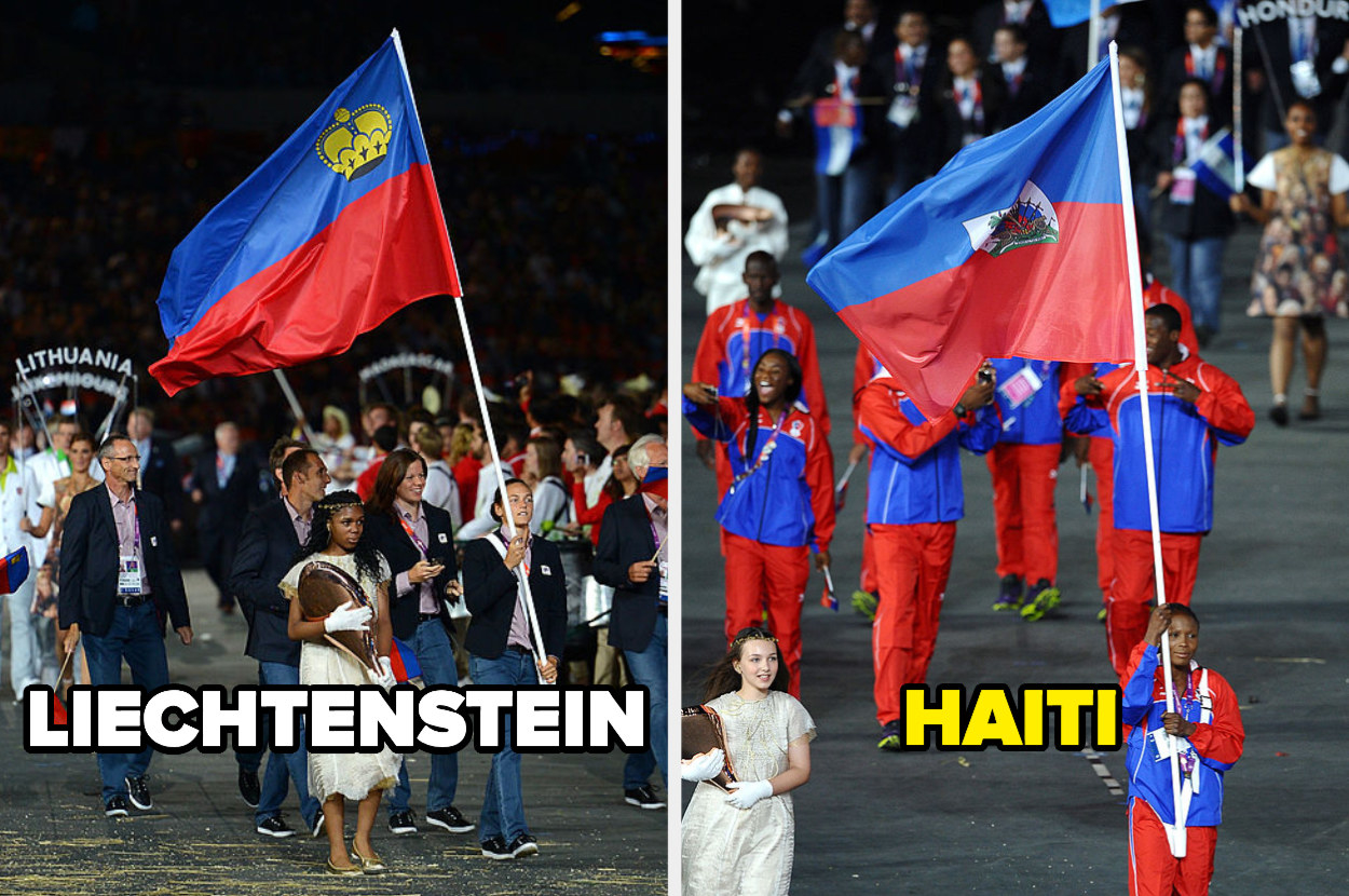 The national flags of Liechtenstein and Haiti in the opening ceremonies