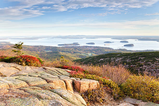An early morning view of Frenchman Bay from the top of Cadillac Mountain in Autumn; Acadia National Park, Maine.