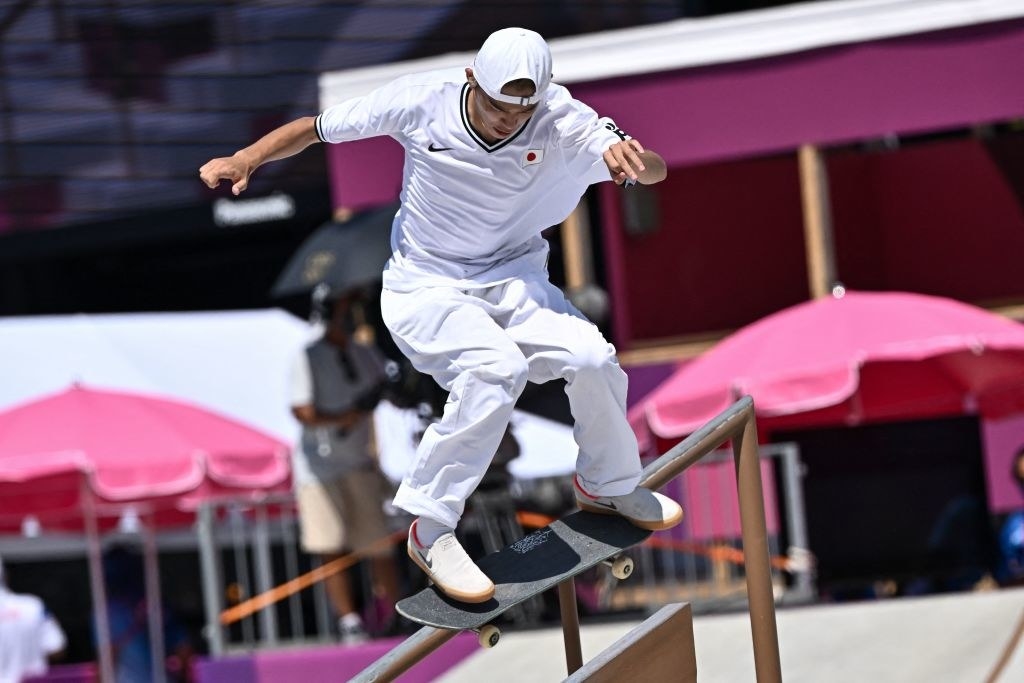 Japan&#x27;s Sora Shirai competes in the men&#x27;s street prelims heat 2 during the Tokyo 2020 Olympic Games at Ariake Sports Park Skateboarding in Tokyo