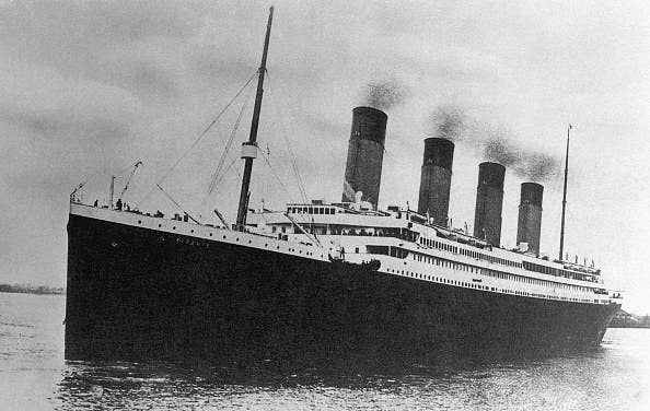 A black-and-white photo of the Titanic at sea