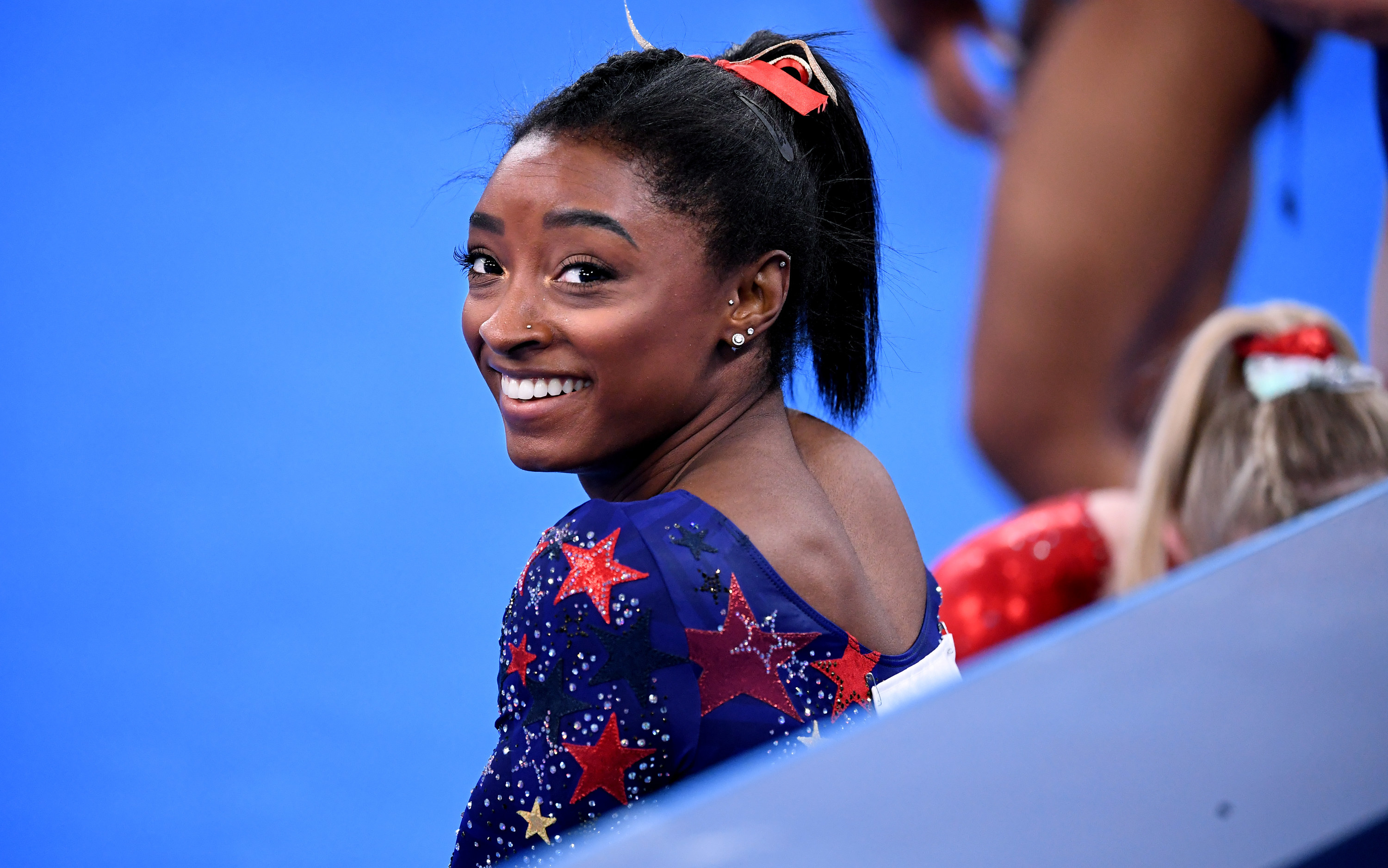 Simone Biles is pictured smiling during the women&#x27;s qualifying rounds at the 2020 Tokyo Olympics