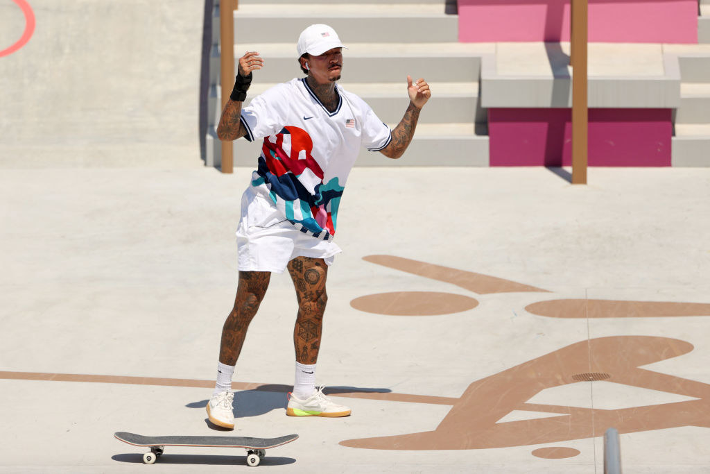 Nyjah Huston of Team USA reacts at the Skateboarding Men&#x27;s Street Prelims on day two of the Tokyo 2020 Olympic Games at Ariake Urban Sports Park
