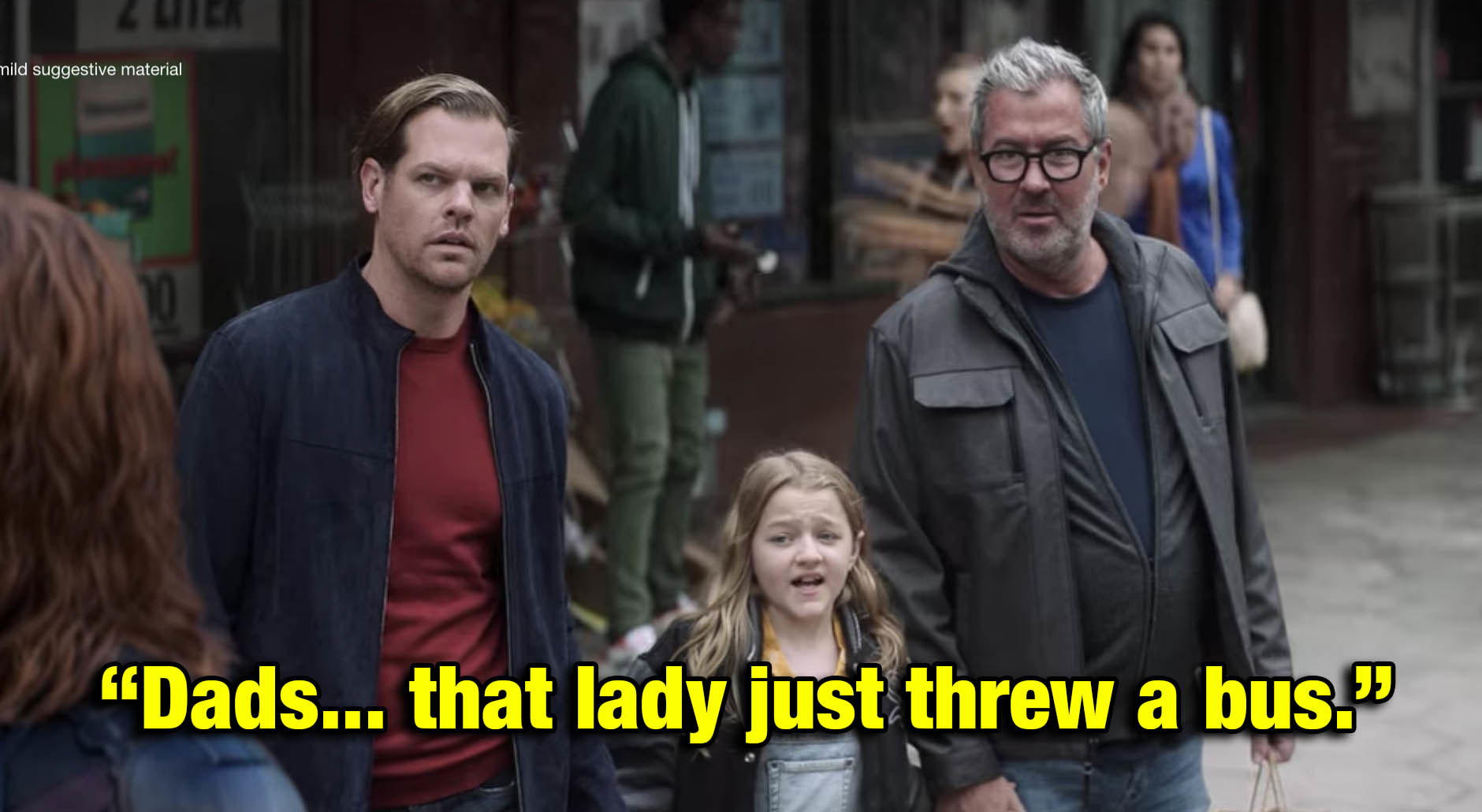 a little girl pointing out to her gay dads that a superhero just threw a whole ass bus