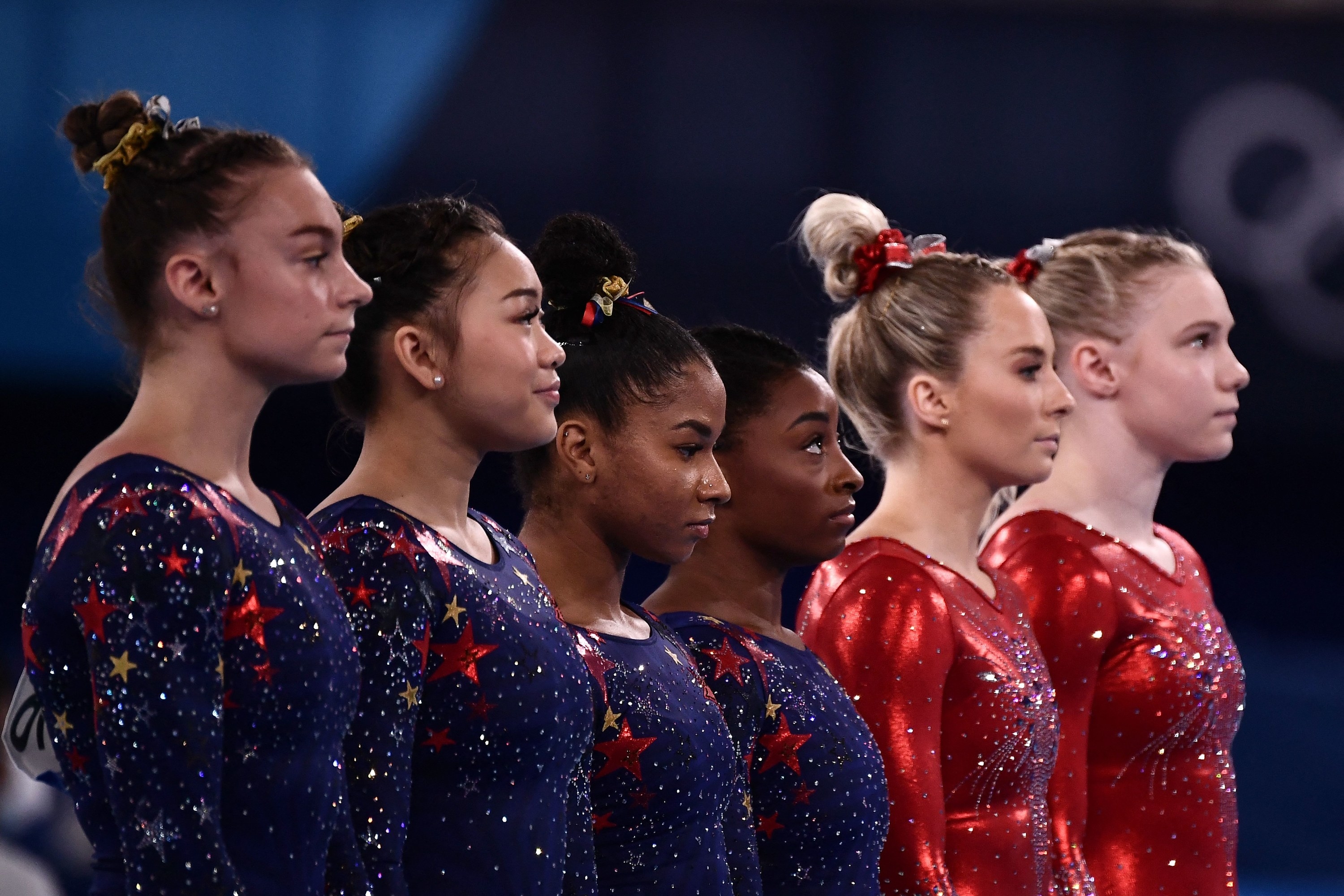 Grace Mc Callum, Sunisa Lee, Jordan Chiles, and Simone Biles are pictured during the qualification rounds at the 2020 Tokyo Olympic Games