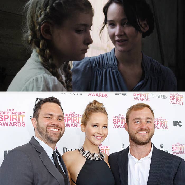 Above, Katniss is talking to Prim before the hunger games drawing. Below, Jennifer Lawrence is standing with her brothers at the Film Independent Spirit Awards