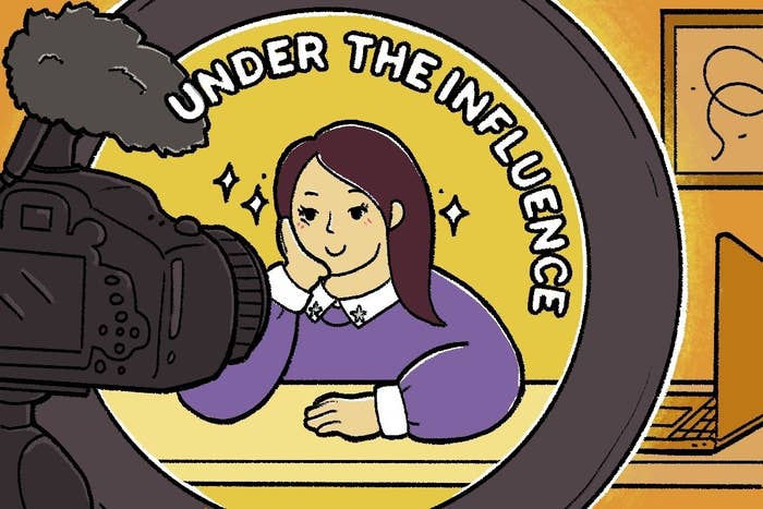 Illustration of a person filming a video with &quot;Under the Influence&quot; written over their head