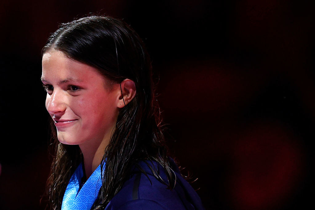 Katie Grimes reacts during the Women&#x27;s 800m freestyle medal ceremony during Day Seven of the 2021 U.S. Olympic Team Swimming Trials
