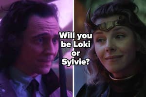 A close up of Loki as he holds a dagger close to his face and a close up of Sylvie as she smirks at Loki
