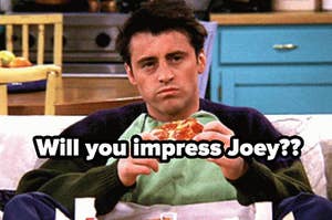 Joey Tribbiani looks off into the distance as he holds a slice of pepperoni pizza in his hands