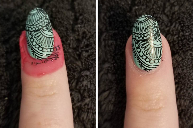L: nail with tape around the nail bed to protect the skin from the nail stamp R: the same nail with the tape removed and the nail stamp art is cleanly on the nail but not on the skin around the nail