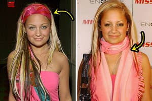 nicole richie wearing a scarf multiple different ways 