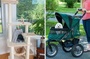 A split photo of a tall cat tower and a pet stroller with durable wheels