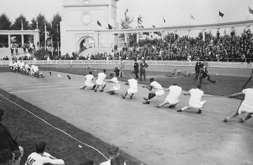 A tug of war contest in 1920