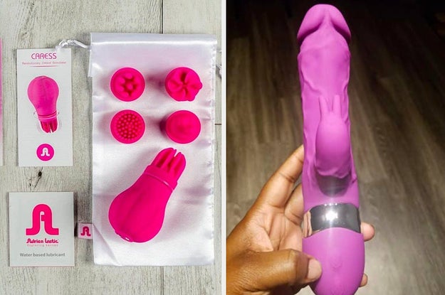 A clitoral toy with different attachments and a hand holding a rabbit vibe