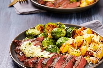 steal, Brussel sprouts, and cheesy potatoes 