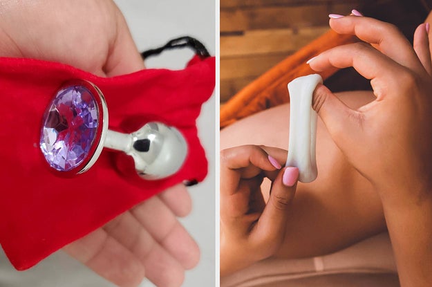 On the left, shiny butt plug in hand. On the right, hand stretches light gray Ohnut 