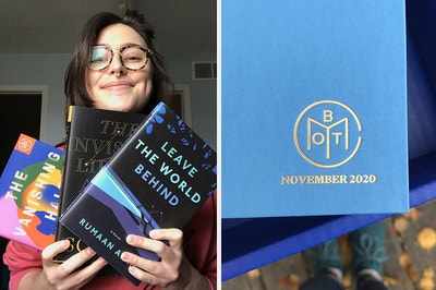 on the left the writer holding three books, on the right a gold embossed book of the month book