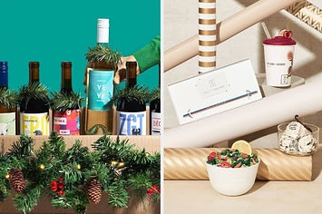 Two panels showing a bow of wine bottles decorated with tinsel and a Daily Harvest box, smoothie, harvest bowl and bowl of ice cream sitting on rolls of wrapping paper