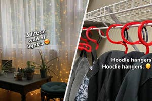 left side shows a curtain of lights in a living room and the right shows a hanger designed just for hoodies