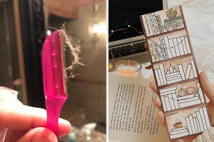 on left, hand holds dermaplaning tool with peach fuzz hair. on right, hand holds bookmark with bookshelf illustration
