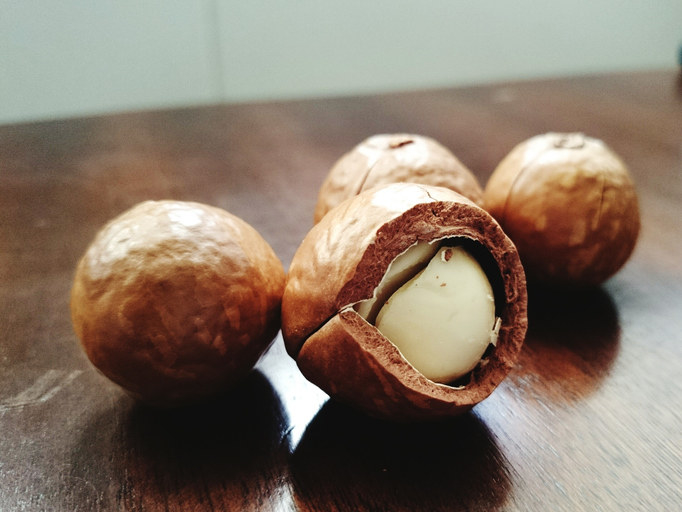 macadamia nuts with one partially cracked, revealing the nut inside