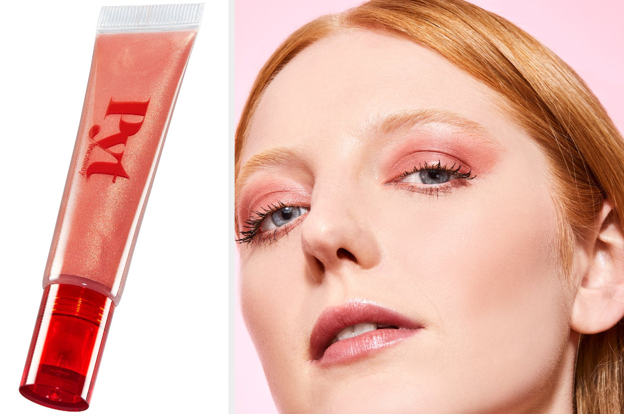 left: product image of gloss in Peachy Coral. right: model wearing the gloss