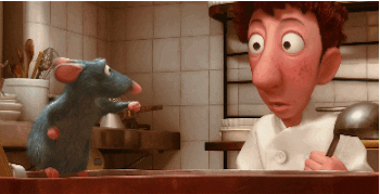 a gif of remy adding spices to a pot and linguini looking startled