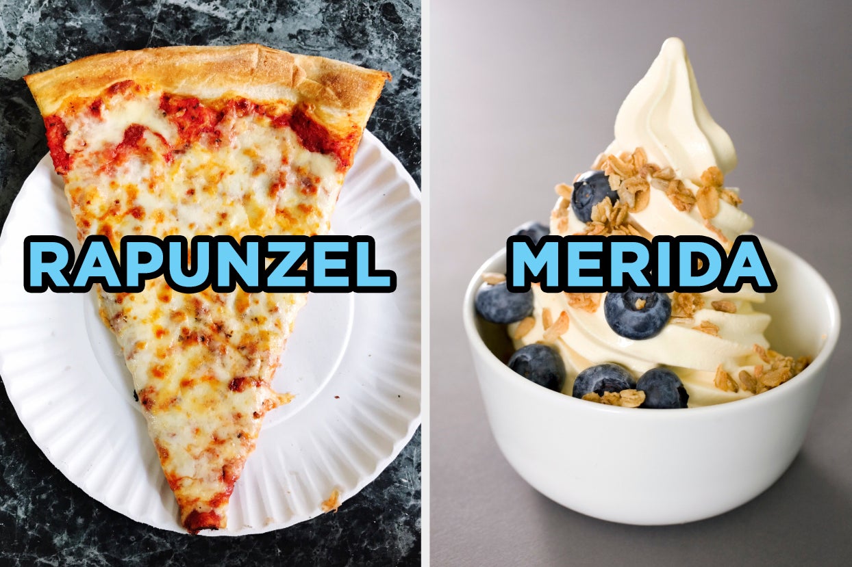 On the left, a piece of cheese pizza on a plate labeled
