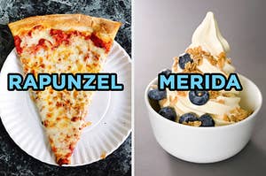 On the left, a piece of cheese pizza on a plate labeled "Rapunzel," and on the right, some frozen yogurt in a bowl topped with granola and blueberries labeled "Merida"
