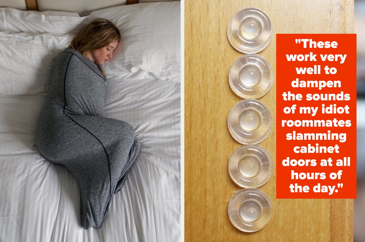 Model curled up in bed with a sleep pod 