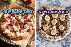 On the left, a pizza with cheese and strawberries on top labeled "16 years old," and on the right, a pizza with chocolate, bananas, and crushed nuts labeled "57 years old"