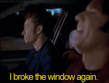 Guy breaking the window in his car and saying &quot;I broke the window again&quot;