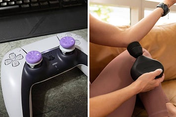 to the left: purple gaming joy sticks, to the right: a theragun mini