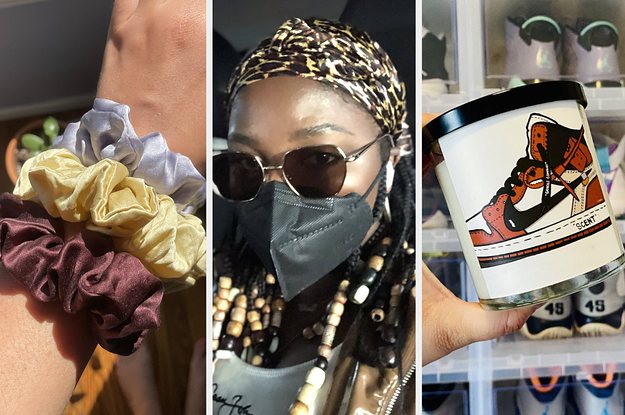 on the left cream, lavender, and maroon silk scrunchies, in the middle a buzzfeed writer in a silk-lined scarf, on the right an air jordan 1 candle