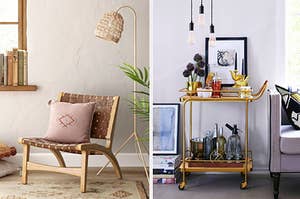 woven accent chair, a gold bar cart