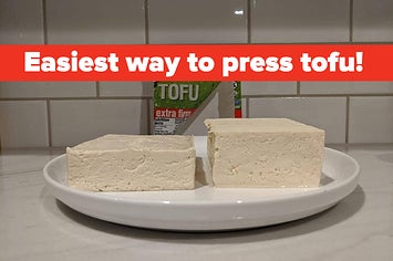 a reviewer photo of pressed and unpressed block of tofu with text reading "easiest way to press tofu" 