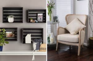 square floating shelves; a white club chair