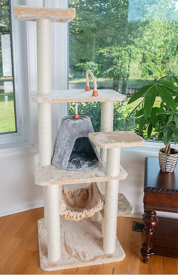 The cat tree with multiple perches and scratching posts, as well as a hammock and a tent
