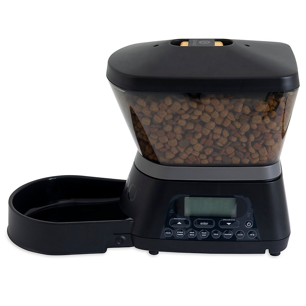The black pet feeder with an attached bowl